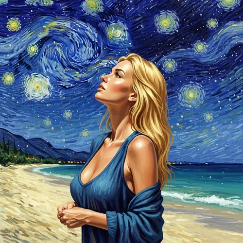 Starry Night Beach Art: Enchanting Blonde Woman under Twinkling Sky