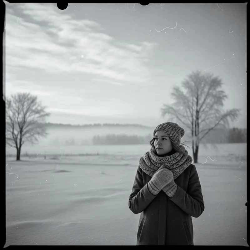 Tranquil Vintage Winter Portrait in Monochromatic Landscape