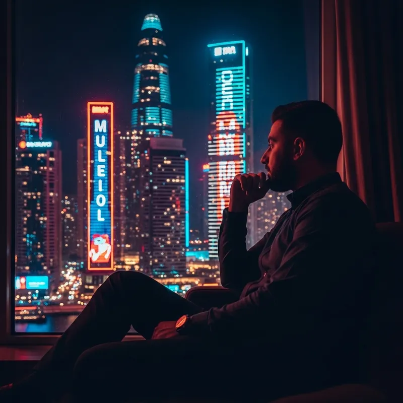 Man In Deep Thought By Neon Skyscrapers