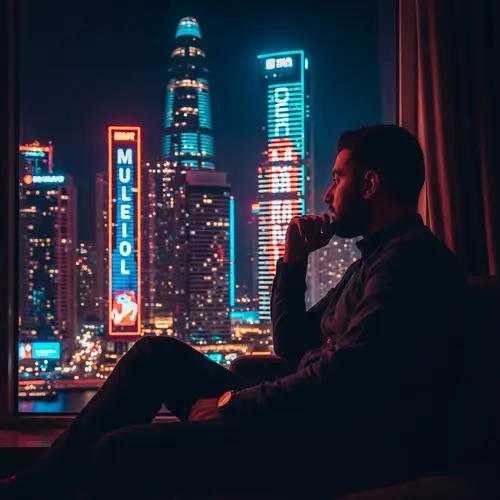 Man Looking Out Window at Neon Skyscrapers | City's Electrifying Energy