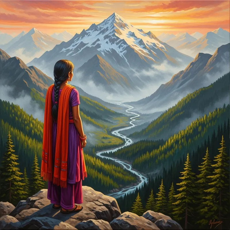 Serene Girl Admiring Nature View from Mountain Summit