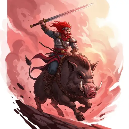 Fierce Red-Haired Middle-Eastern Warrior Riding Boar