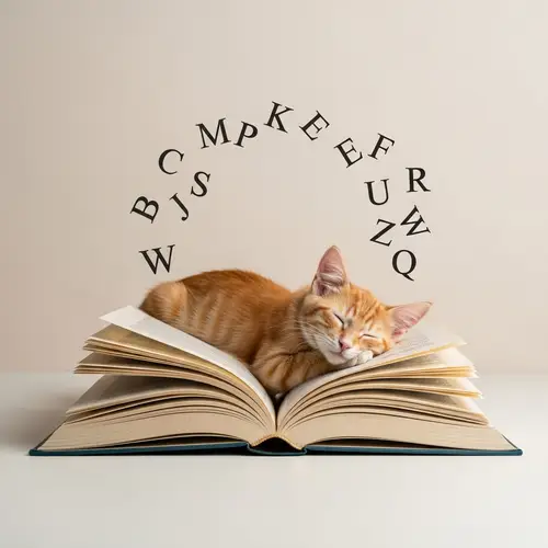 Serene Scene with Fluffy Cat and Flying Letters
