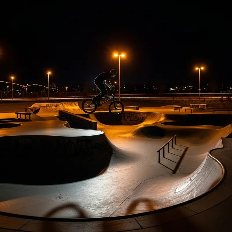 BMX Bike Tricks in Skate Park at Night