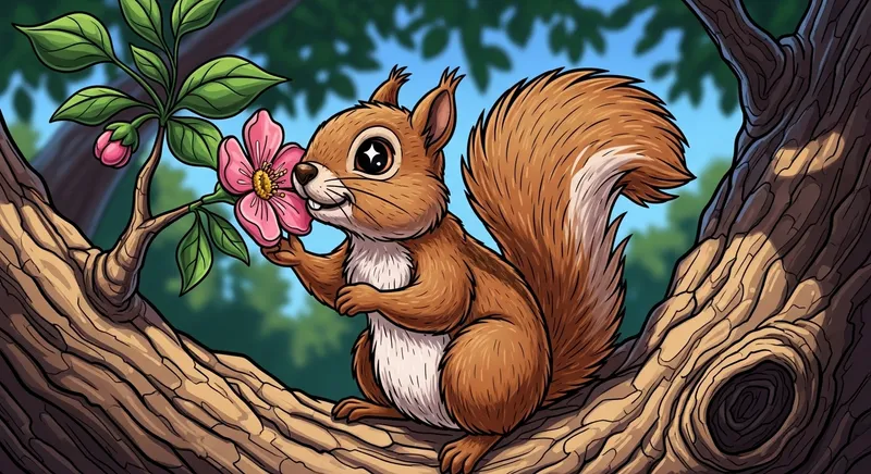 Sparkling Squirrel Delightfully Smelling Flower on Tree | Cell Shading Art