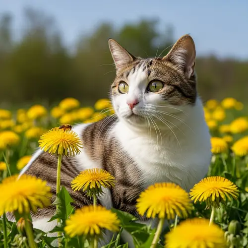 Adorable White Cat with Brown Patches in Vibrant Meadow