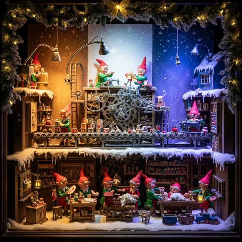 Enchanting Elf-Operated Toy Factory Christmas Window Display Enchanting Elf-Operated Toy Factory Christmas Window Display