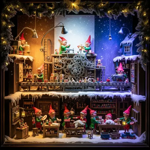 Magical Christmas Window Display with Elf-Run Toy Factory