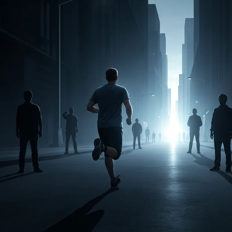 Man Running Through Dark City to Glowing Light Man Running Through Dark City to Glowing Light