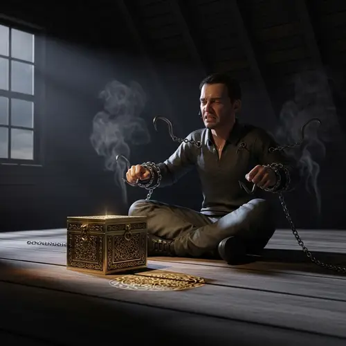 Nighttime 3D UHD Photo-Realistic Rendering of Brass Puzzle Box and Chained Man in Moonlit Attic