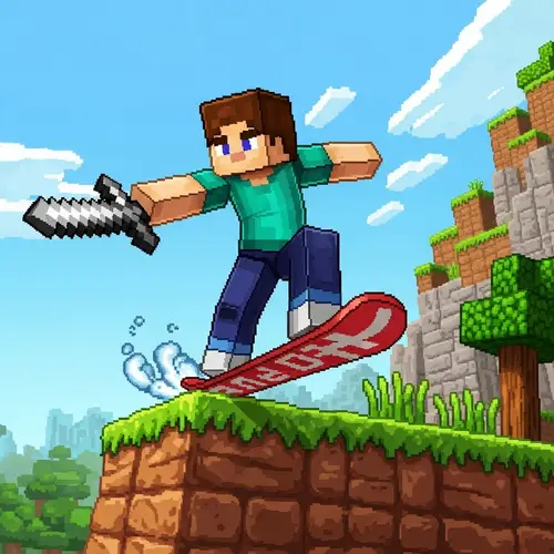 Pixel Art Minecraft-Inspired Game Character Performing Daring Trick