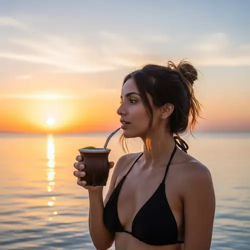 South Asian Woman Enjoying Yerba Mate at Sunset Beach