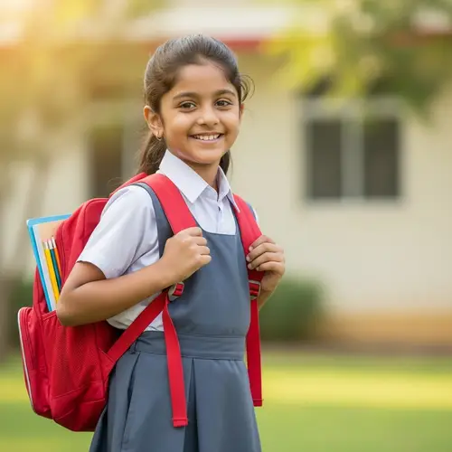 8-Year-Old Girl with Schoolbag Ready for School