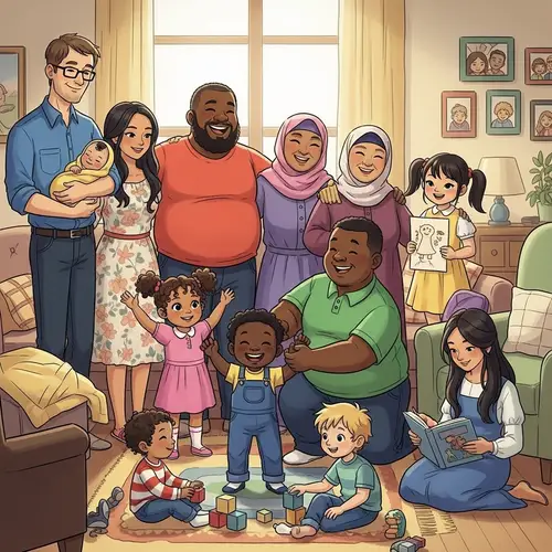 Diverse Family Illustration: Adults, Kids, Newborn in Various Ethnicities