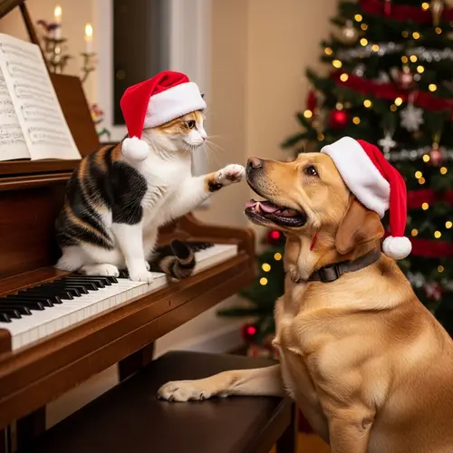 Tricolor Cat and Labrador Dog in Christmas Hats Playing Piano