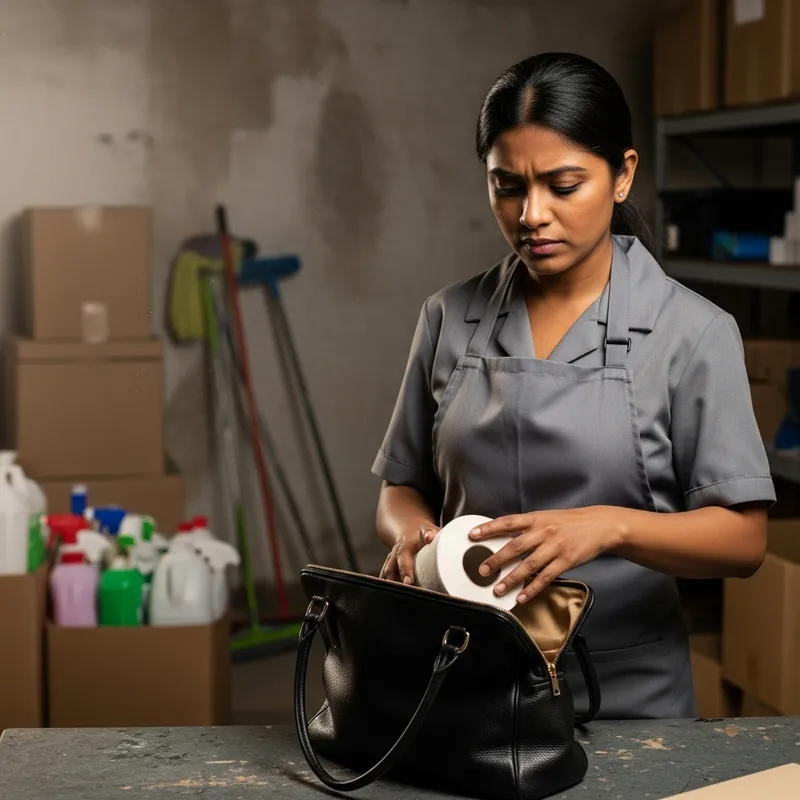 Cleaning Lady Sneakily Hides Toilet Paper in Woman's Purse