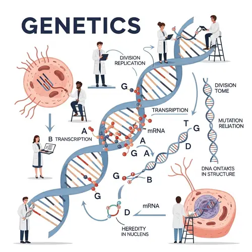 Genetics Educational Illustration: DNA Helix, Genes, Transcription