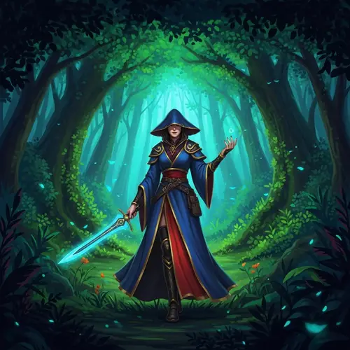 Enigmatic Figure in Lush Forest - Vibrant and Mystical Scene