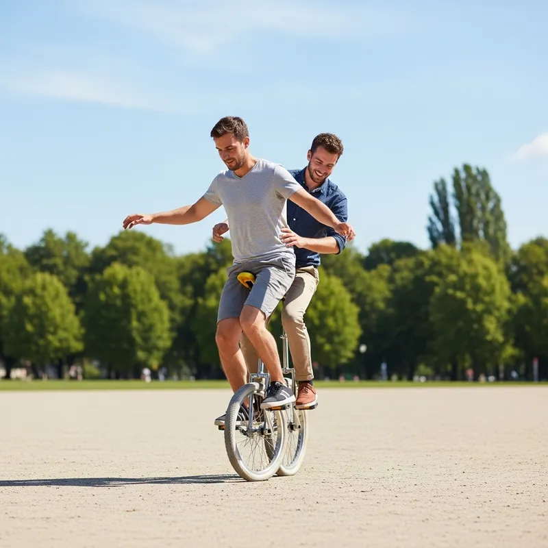 Two Men Balancing on a Monocycle in the Park