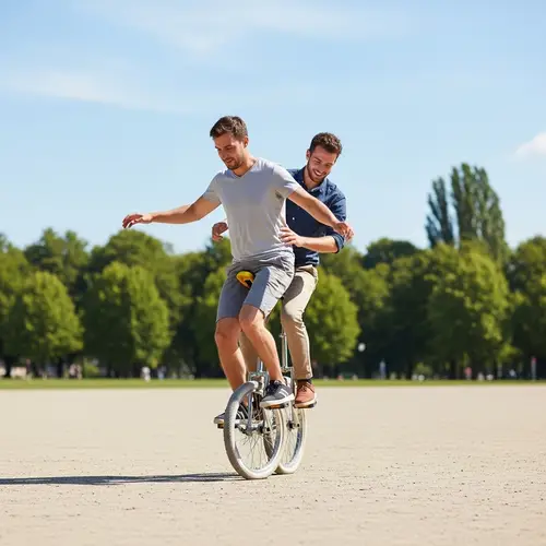 Two Men Balancing on a Monocycle in the Park