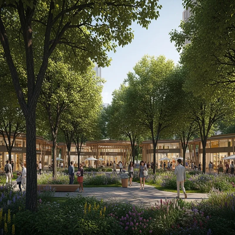 Realistic 4k Rendering of Eco Park with Trees and Commercial Area