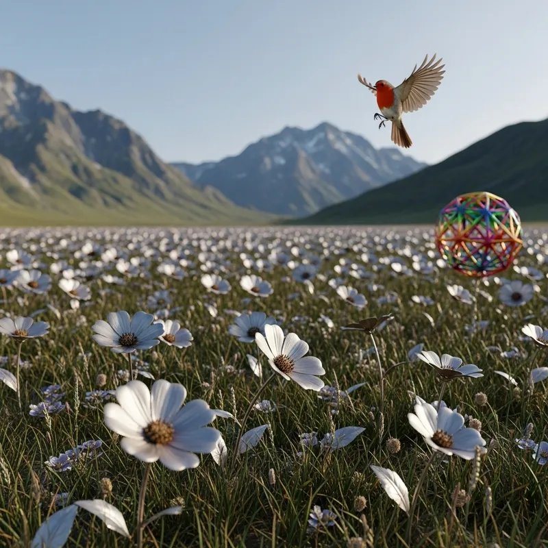 Realistic Metallic Flowers in Beautiful Mountain Landscape with Red Robin and Sacred Geometry