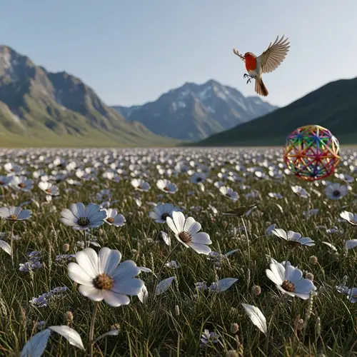 Metallic Flowers in Mountain Landscape with Red Robin and Sacred Geometry
