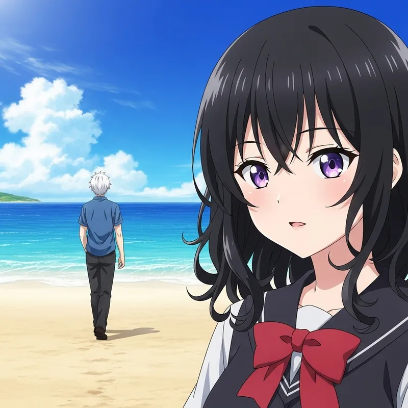 Anime Girl with Violet Eyes at the Beach
