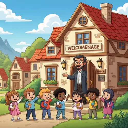 Vibrant Illustration of a Picturesque Village with Grand Scholarly Abode