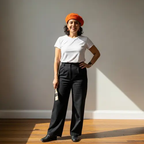 Hispanic Woman in Orange Beret and White T-Shirt