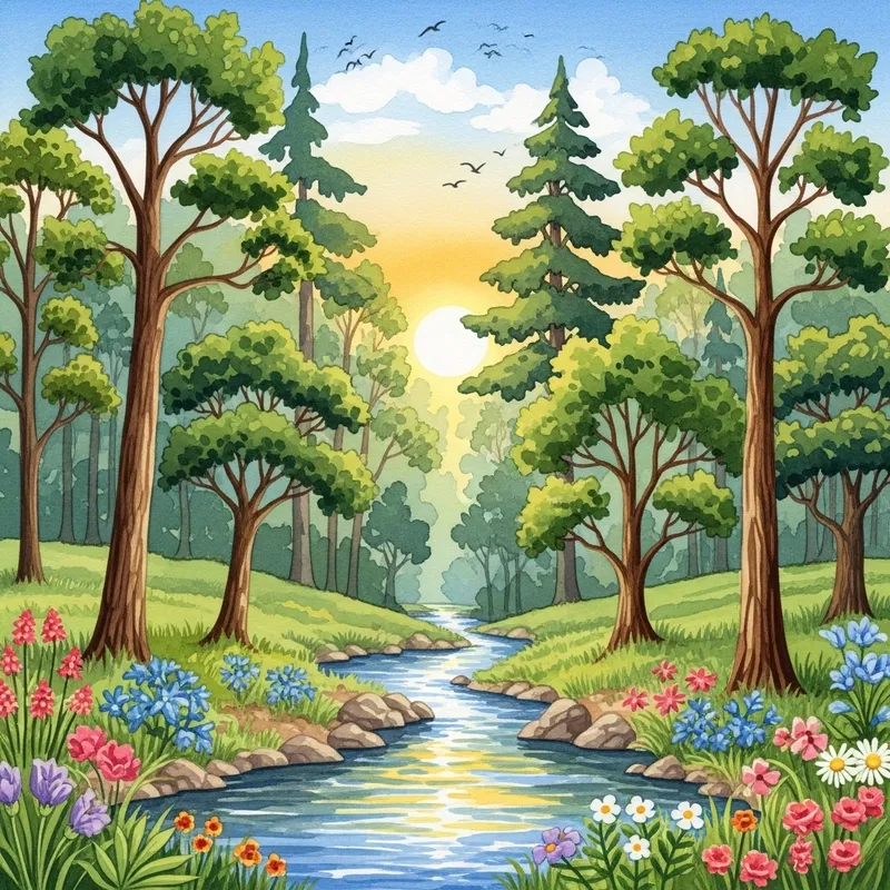 Nature Watercolor: Lush Forest & Sparkling Stream Artwork