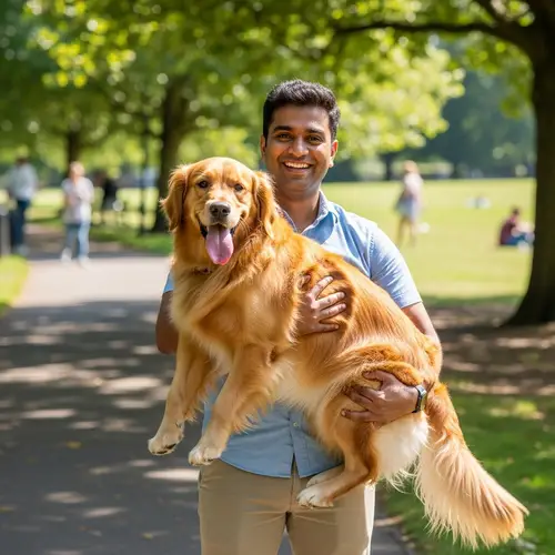 South Asian Man with Golden Retriever in Sunny Park