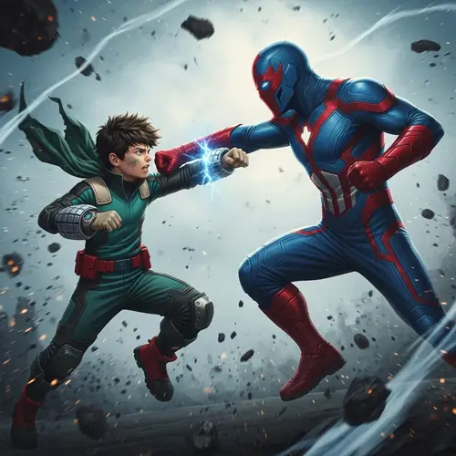 Intense Battle between Green-clad Hero and Blue-Red Figure