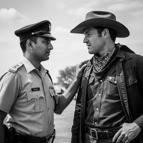Timeless Contrast: Police Officer & Cowboy in Black and White