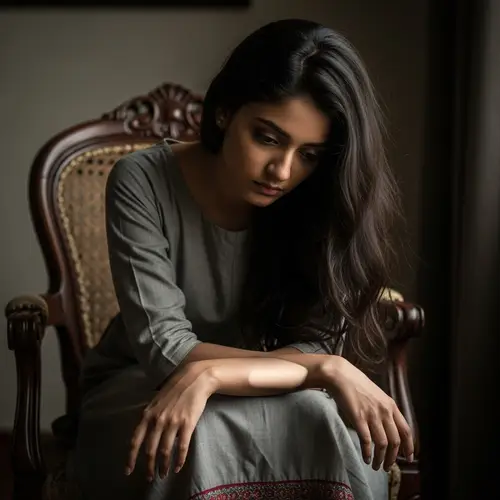 Melancholic South Asian Girl on Antique Chair - Solitude & Reflection