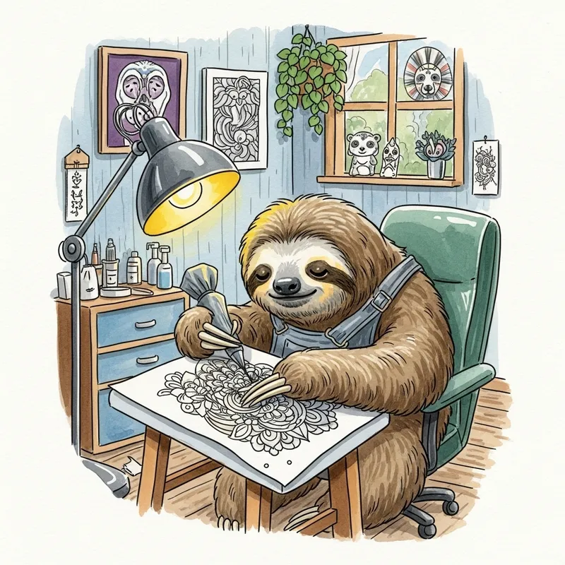 Tranquil Sloth Tattoo Artist: Vibrant Watercolor & Ink Masterpiece in Cozy Studio