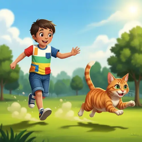 Joyful Scene: Child and Cat Racing in Green Park