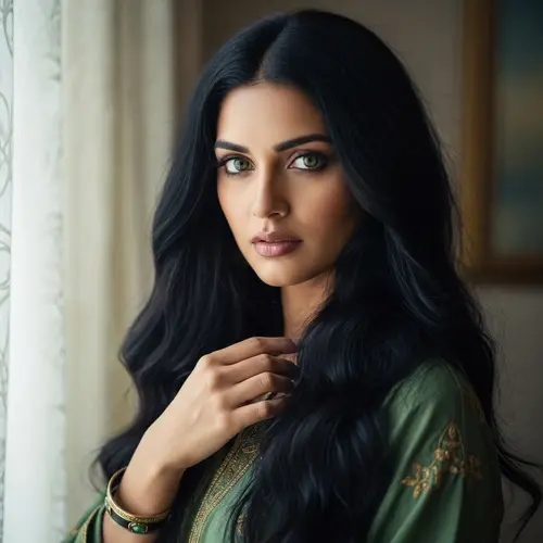 South Asian Woman with Striking Green Eyes in Pre-Raphaelite Style