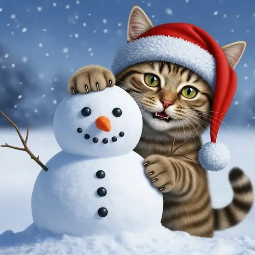 Playful Cat Sneaking Behind Snowman - Winter Photorealism Image