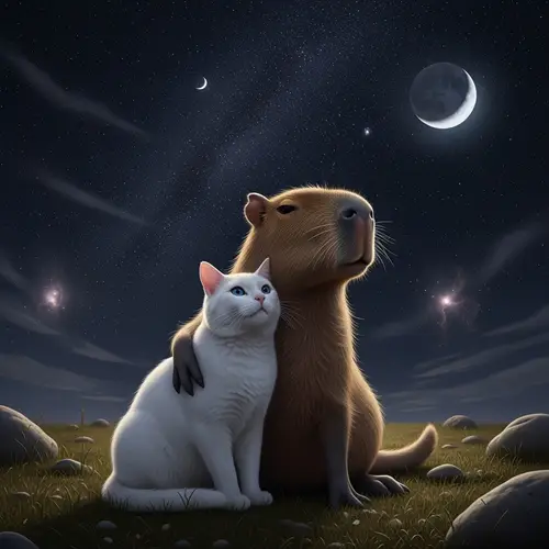 White Cat and Capybara Under Starry Night Sky | Love Story