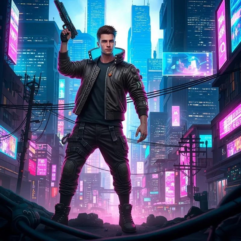 Vibrant Cyberpunk Cityscape: Man in Neon-lit Futuristic Scene