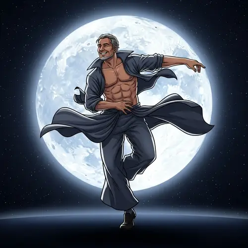 Energetic Middle-Aged Man Dancing Under Silvery Full Moon