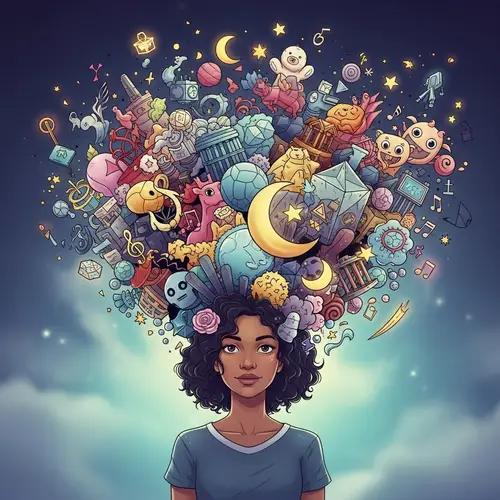 Joyful Mixed Ethnicity Female Surrounded by Imaginative Thoughts