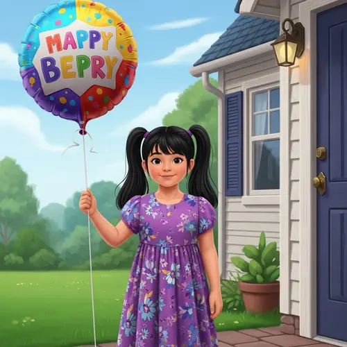 Hispanic Girl in Purple Dress with Balloon | Youthful Enthusiasm