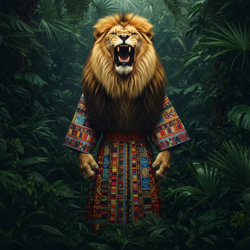 Majestic Lion Roaring in Colorful Jungle Dress Majestic Lion Roaring in Colorful Jungle Dress