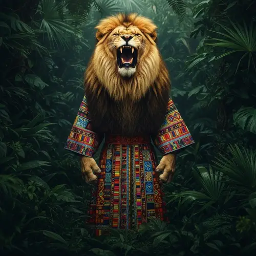 Majestic Lion Roaring in Colorful Jungle Dress