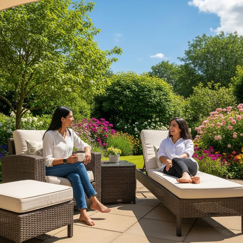 Serene Outdoor Living Space: Friendly Conversation in Vibrant Garden Serene Outdoor Living Space: Friendly Conversation in Vibrant Garden