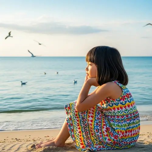 Tranquil Seaside Moment: East Asian Girl by Turquoise Sea