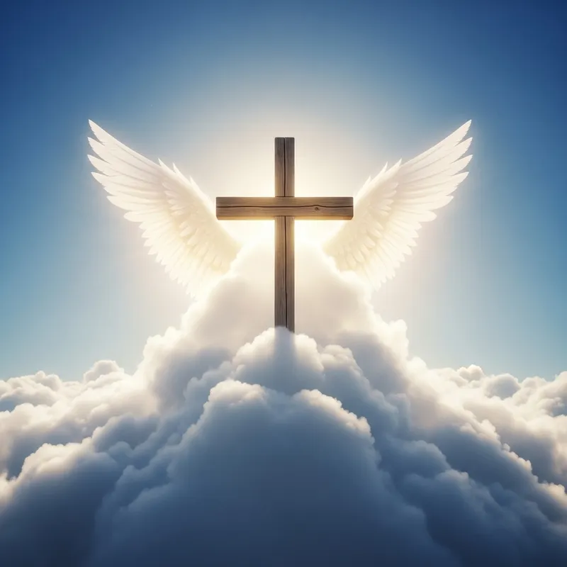 Classic Wood Cross in Heavenly Cloud with Cherubim Wings