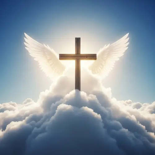 Classic Wooden Cross in Fluffy Cloud with Cherubim Wings